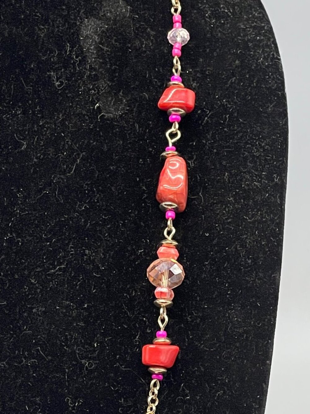Necklace chain stones beads big clip pink red clear length 40" READ - Picture 4 of 8